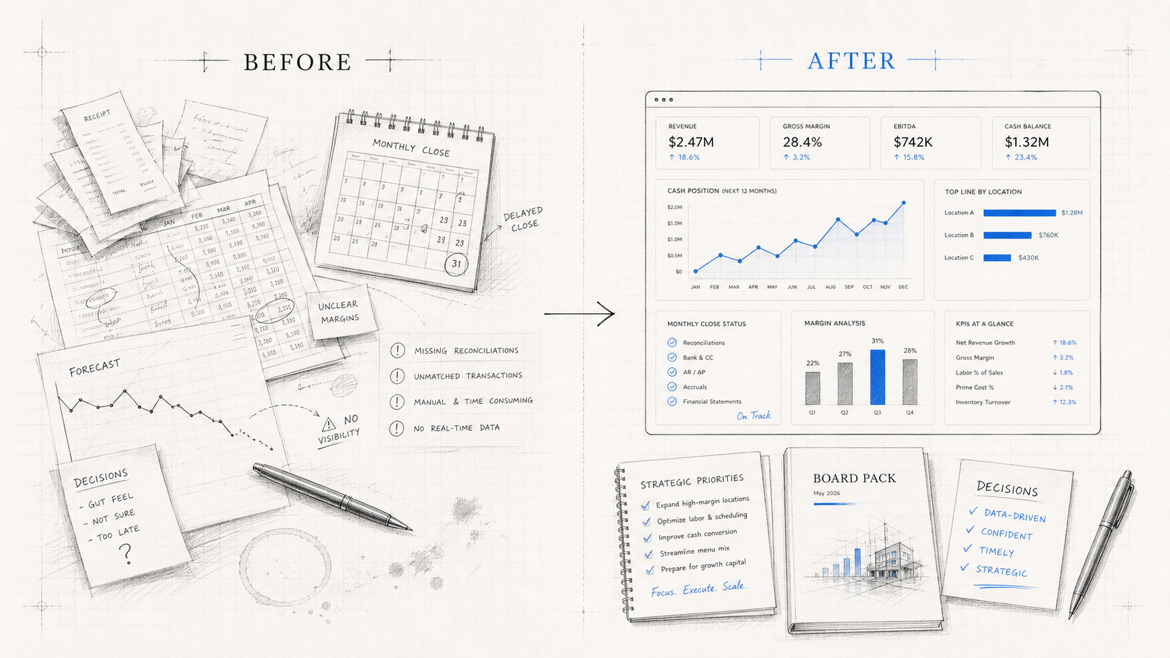 Before: scattered receipts, delayed close, no visibility. After: live dashboard, board pack, data-driven decisions.